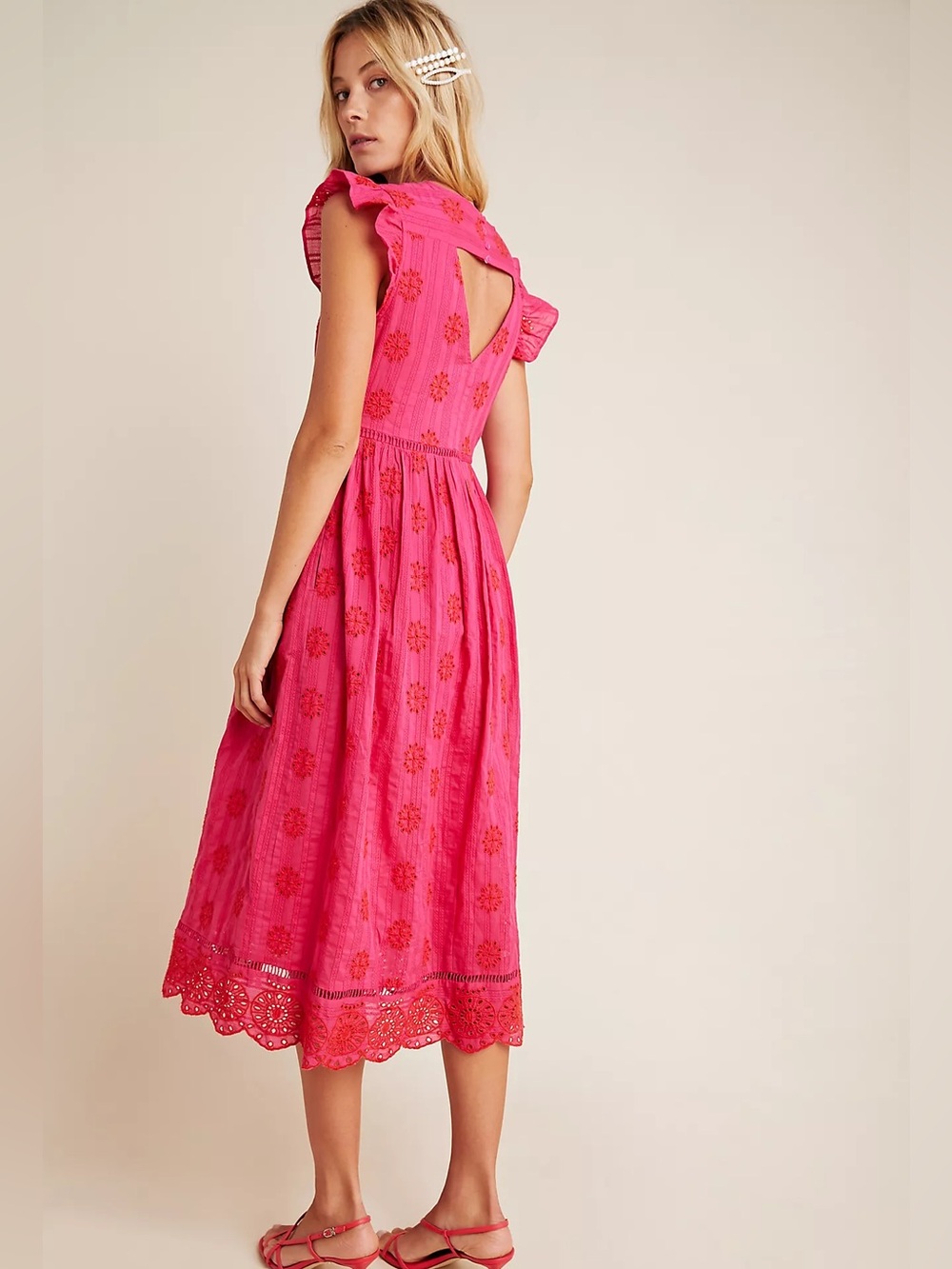 NWT Anthropologie Embroidered Eyelet Scallop Trim Midi Dress Pink Pockets M - Picture 2 of 8